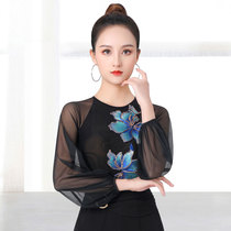 Dampao Roo Lady Blouses Fashion Ballroom Dress New with chest cushion Long sleeves embroidered Latin dance T-shirt