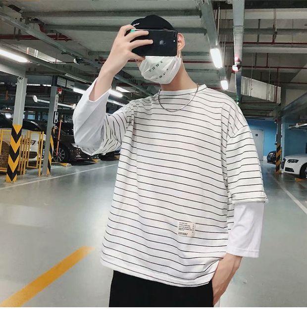 Áo thun nam mùa thu dài tay phiên bản Hàn Quốc áo len hip-hop bf ins lỏng giả áo hai dây mùa thu quần áo mùa thu quần áo thủy triều áo thun nam có cổ