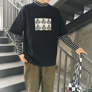 Áo thun nam tay dài mùa thu Phiên bản Hàn Quốc của bộ thẻ thủy triều hip-hop giả hai mảnh áo khoác mùa thu in áo len thủy triều mùa thu
