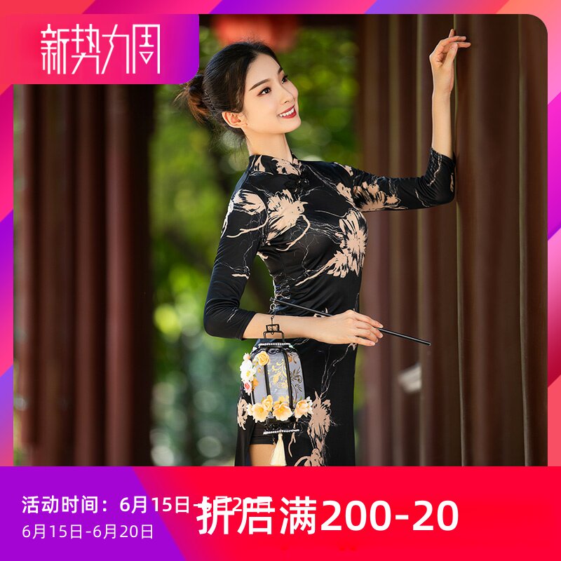 Fivan dance post-elastic printed Chinese wind classical dance qipao with a fork cheongsam dance to serve Latin qipao