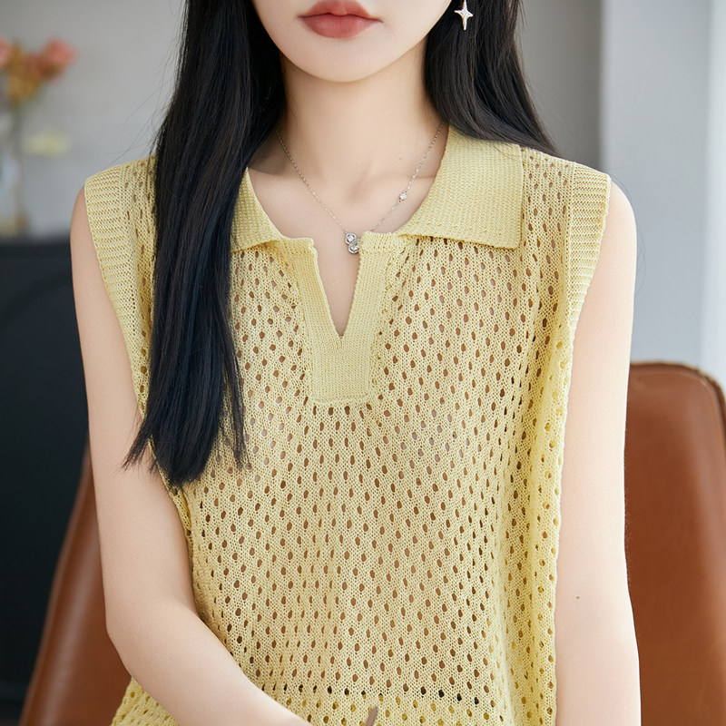 26 New Summer Style Pearl Linen Lapel Camisole for Women, Loose Cut-Out Sleeveless Knit Top Layered with T-Shirt