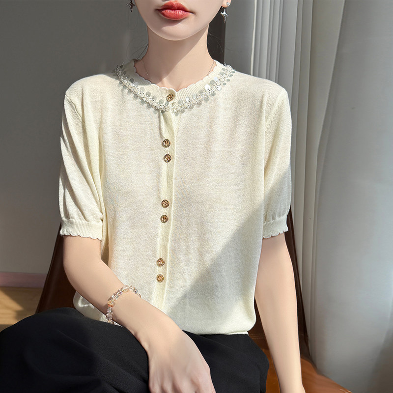 2026 Summer New Style Ultra-Fine Wool Short-Sleeved Knitted T-Shirt for Women, Loose Beaded Thin Half-Sleeved Bottoming Top