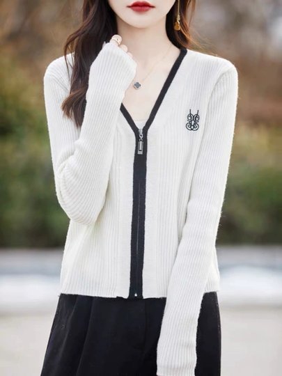 春季100%纯羊毛V领短款高腰刺绣拉链羊绒开衫时尚毛外套DYMT8178