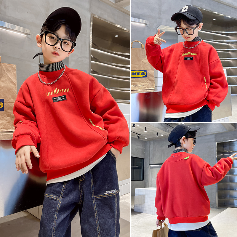 Boys plus velvet red fried street sweater autumn and winter new big boy boy New Year thick Chinese style shirt tide