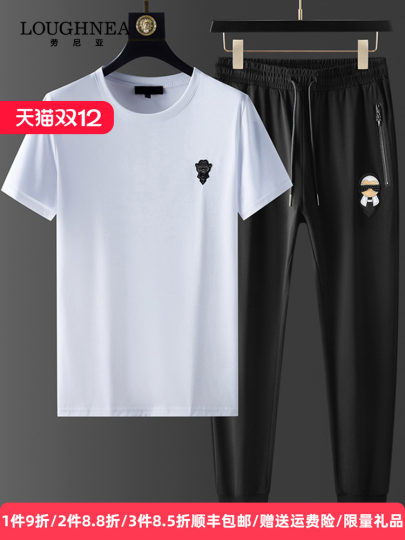 LOUGHNEA高级感丝光棉短袖运动套装男夏季新款潮牌刺绣休闲两件套