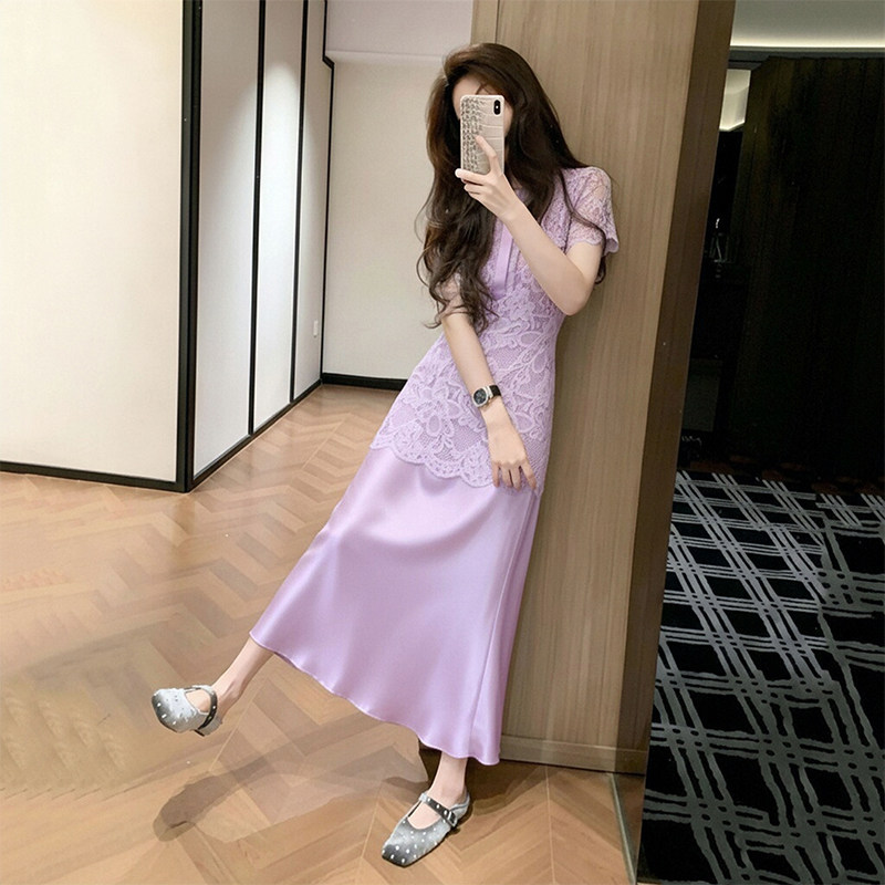 Guangzhou Thirteen Rows Beautiful French-Style Purple Lace Dress for Women, Cinched Waist, Petite, Very Pretty Long Dress for Women Guangzhou Thirteen Rows Beautiful French-Style Purple Lace Dress for Women, Cinched Waist, Petite, Very Pretty Long Dress for Women