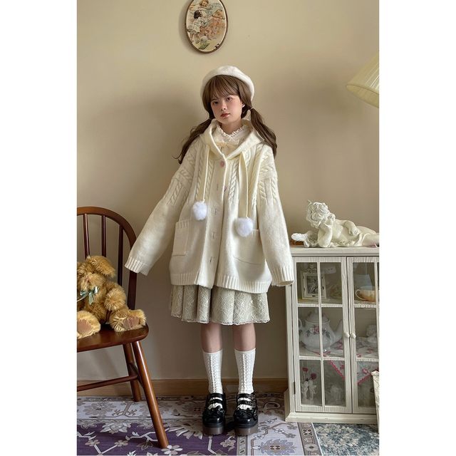 Labeau-Pochi-Japanese retro lazy ງາມ fufu hooded sweater coat knitted cardigan ສໍາລັບແມ່ຍິງໃນດູໃບໄມ້ລົ່ນແລະລະດູຫນາວ