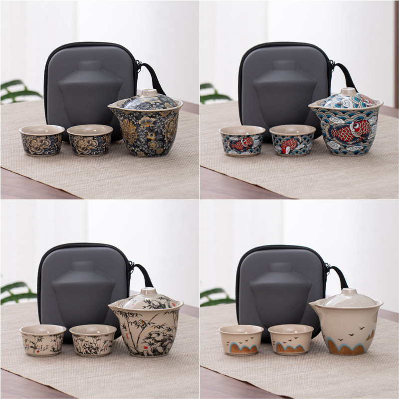 Ceramic travel tea set Kung Fu tea set Outdoor camping equipment Portable Quick Customer Cup Storage Bag One Pot Two Cups