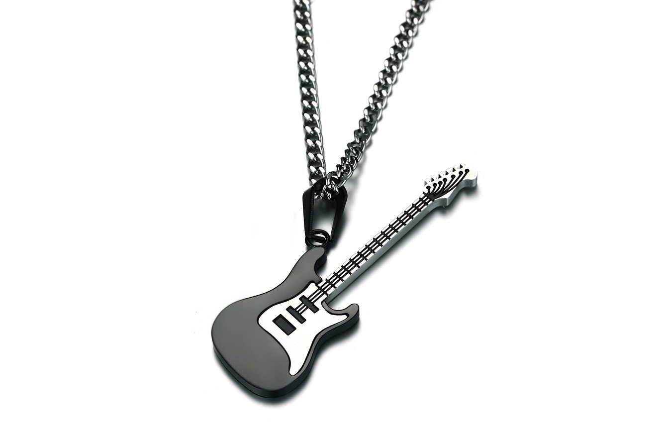 European and American wind jewelry 53MM stainless steel guitar pendant Necklace men black pendant PN-873