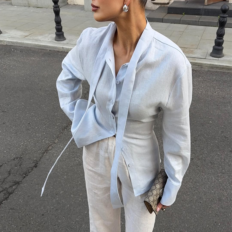 ins Blogger's Same Style Early Autumn Light Luxury Old-Money Texture Linen Ribbon Design Versatile Shirt with Tie-Up Top
