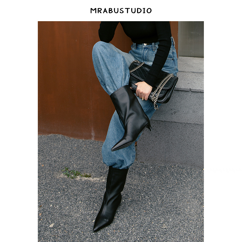 Genuine Leather French-Style Pointed Toe Kitten Heel Short Boots, Wide Shaft, Wide Opening Mid-Calf Boots, Quirky Boots, High Boots, Long Boots for Women Genuine Leather French-Style Pointed Toe Kitten Heel Short Boots, Wide Shaft, Wide Opening Mid-Calf Boots, Quirky Boots, High Boots, Long Boots for Women