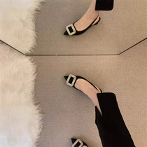 Small ckerwin French thick heel square toe rhinestone high heels single shoes 2024 summer temperament high-end black shoes