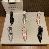 Little ckerwin2024 summer Baotou satin sandals fairy pointed toe one-word buckle shallow mouth high-heeled shoes