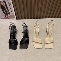 Small ckerwin fairy style high-heeled buckle strap square toe sandals summer versatile mid-heeled open-toe Roman shoes