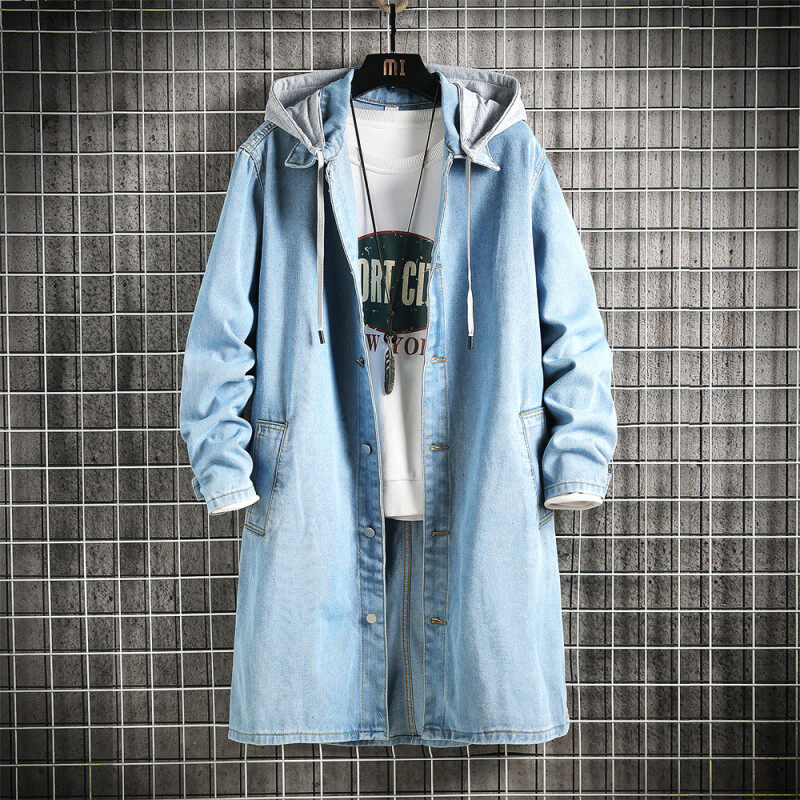 Retro Chinese-Style Heavy Denim Cape Men's Spring Wear Large Size Casual Splicing Hooded Mid-Length Windbreaker Jacket Retro Chinese-Style Heavy Denim Cape Men's Spring Wear Large Size Casual Splicing Hooded Mid-Length Windbreaker Jacket