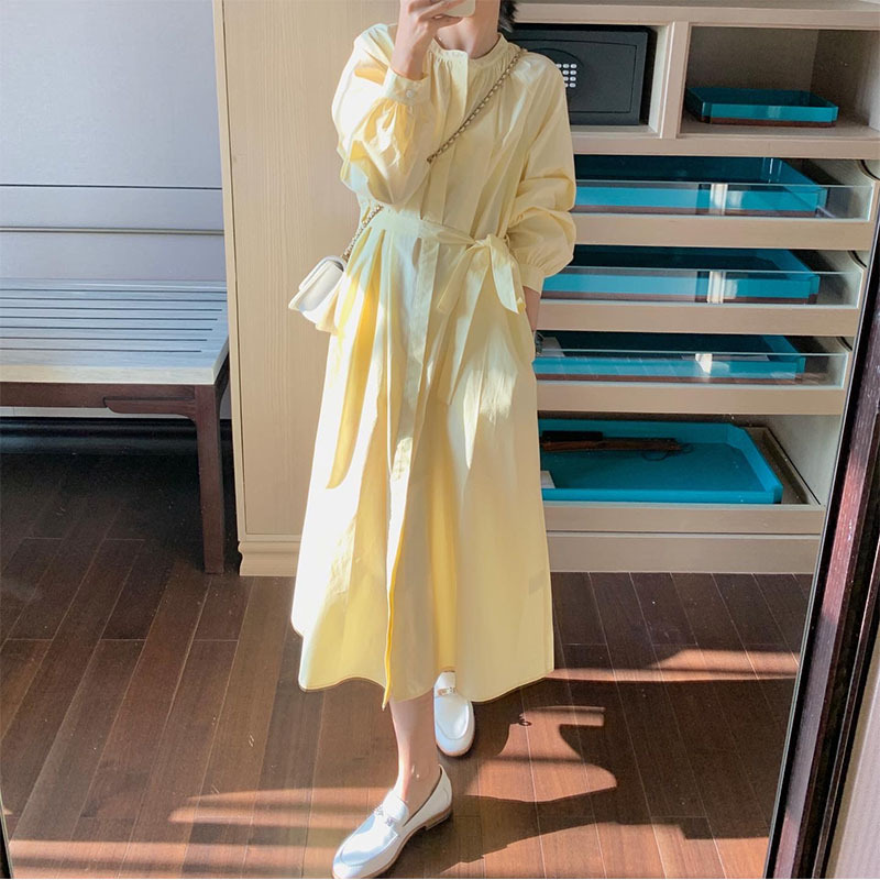 French Gentle Style Yellow Long-Sleeved Shirt Dress for Women on Vacation, Petite Waist-Cinching Slimming Creamy Yellow Tie-Up Dress French Gentle Style Yellow Long-Sleeved Shirt Dress for Women on Vacation, Petite Waist-Cinching Slimming Creamy Yellow Tie-Up Dress