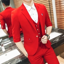 Spring and summer big red mid-sleeve suit suit Korean casual small suit slim-fit jacket three-piece mens work dress