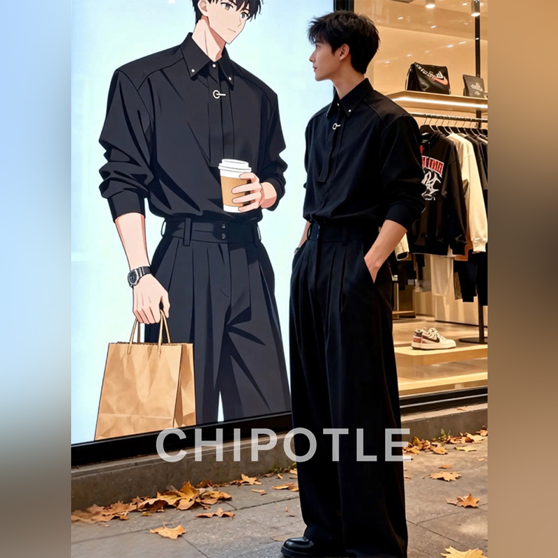 Korean Chipotle High-End Black Suit for Men 2025 Winter New Fashion Shirt and Pants Two-Piece Set