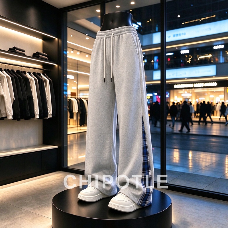 Korean Chipotle Side Blue Checkered Patchwork Wide-Leg Men's Casual Sports Straight Sweatpants for Autumn and Winter 2026