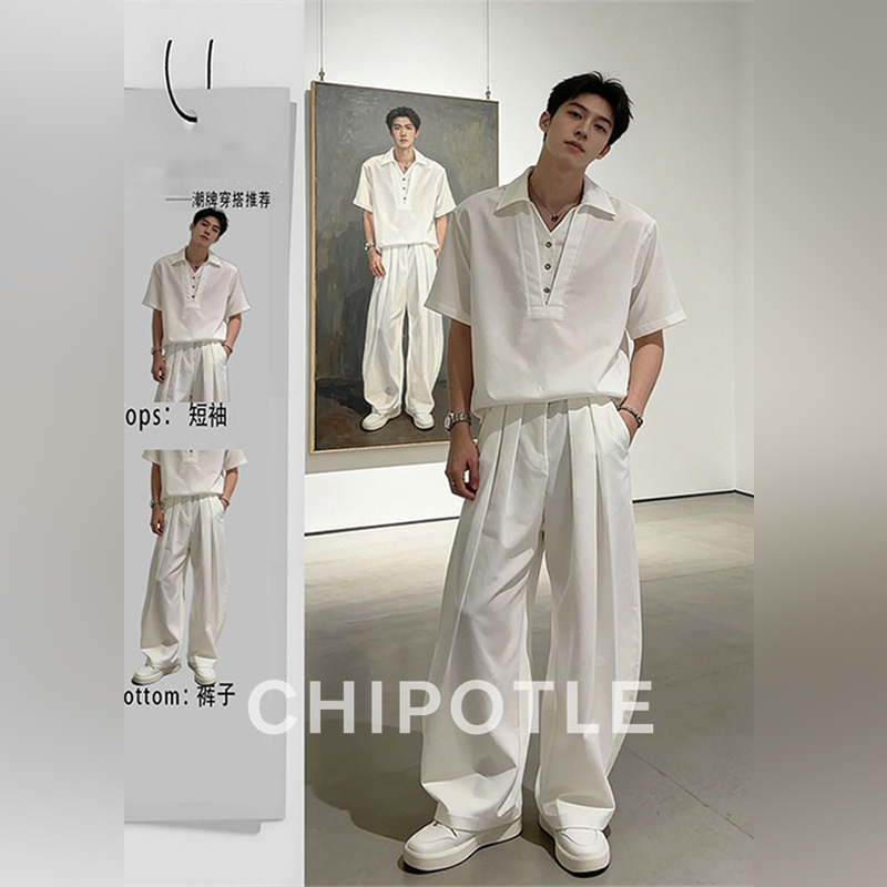 Korean Chipotle Fake Two-Piece V-Neck Short-Sleeve T-Shirt Set for Men 2026 Summer Ice Silk Shirt and Dress Pants Complete Set