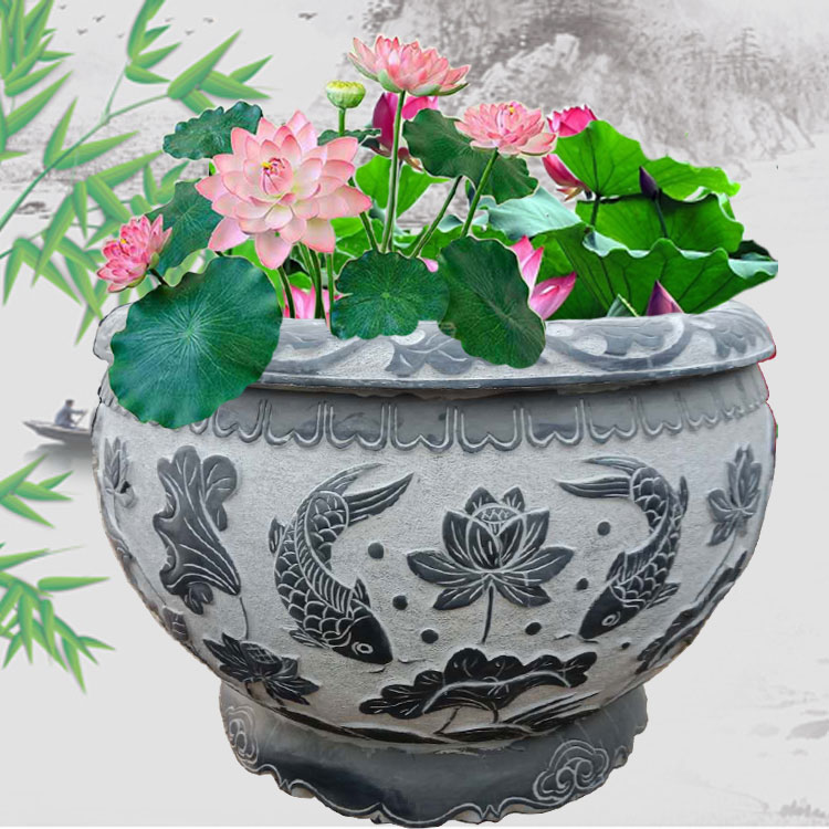 Natural Green Stone Lotus Fish Tank Round Stone Vat Retro Engraving Water Vat Decoration Home Patio Pendulum fish sink