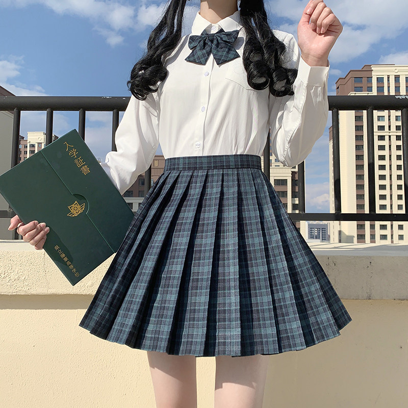 (Bluestone)Dark green finished fabric jk grid skirt School funding gifted students Seaweed with grid skirt Pleated short medium long skirt