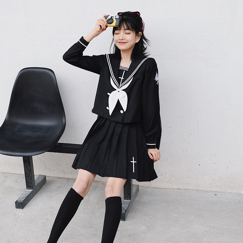 (Cross rose)Spot orthodox bad JK uniform skirt double-breasted two embroidered sailor suit suit student