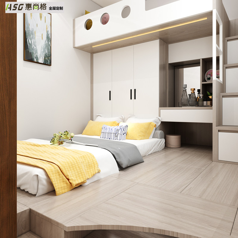 Huishang Hong Kong Bedroom tatami space Custom primary-secondary bed Full house upper and lower bunk bed up and down solid wood plate design