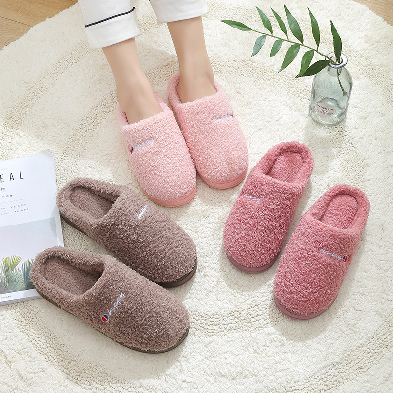 Cotton slippers men and women at home indoor couples plush warm non-slip silent comfort Home fur tug winter