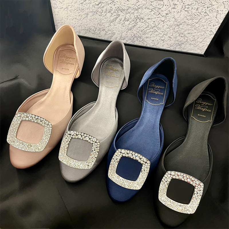 Hong Kong Rv Flat Shoes for Women, Chips Rhinestone Square Buckle Women's Shoes, Silk Satin Versatile Hollow Sandals for Commuting Hong Kong Rv Flat Shoes for Women, Chips Rhinestone Square Buckle Women's Shoes, Silk Satin Versatile Hollow Sandals for Commuting