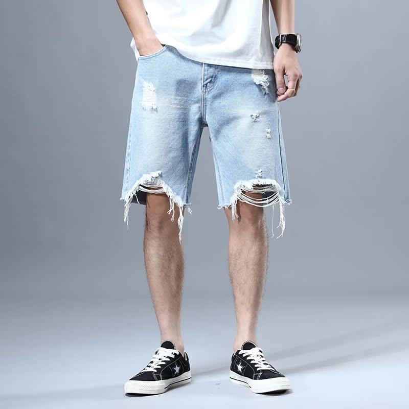 Denim quần short nam mùa hè mỏng Hàn Quốc phiên bản của xu hướng trăm lỗ thẳng lỏng ăn xin thường quần năm điểm