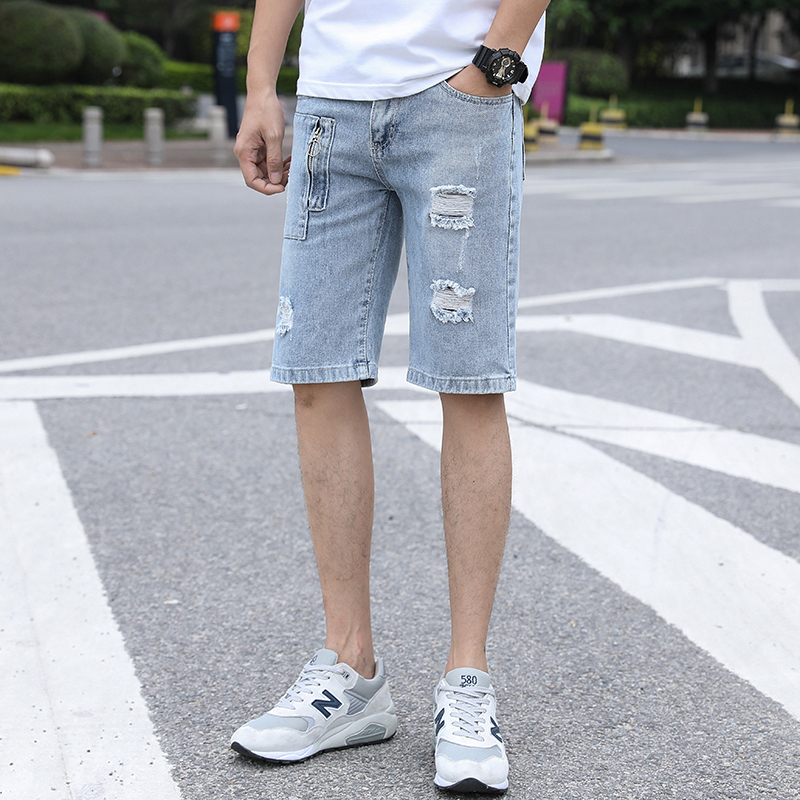 Ánh sáng denim quần short nam thẳng lỏng mùa hè mỏng Hàn Quốc phiên bản của xu hướng thường xu hướng thương hiệu trăm năm điểm quần nam giới.