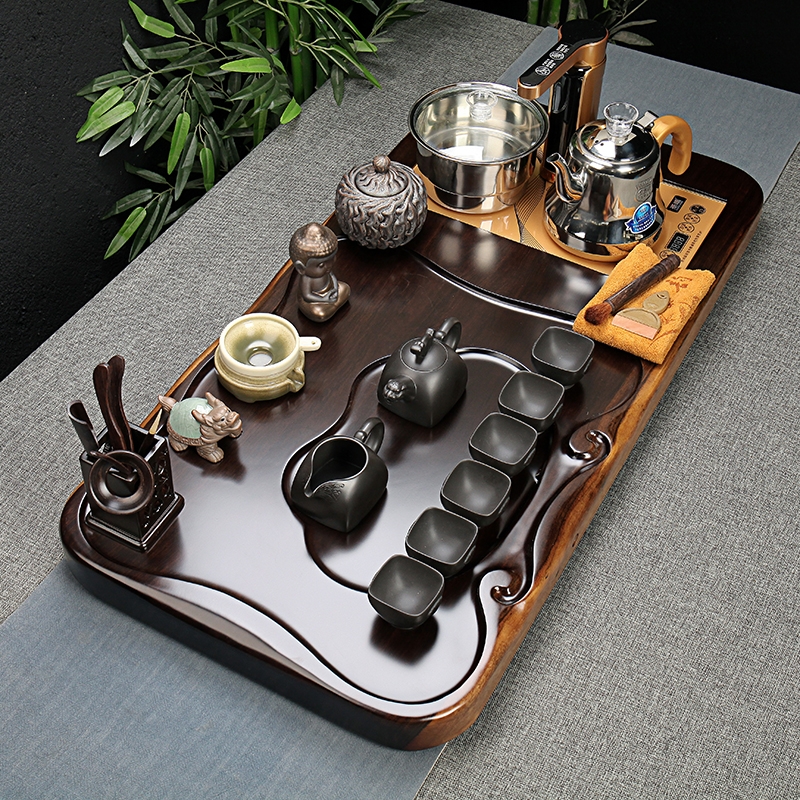 Qiao mu tea set ebony wood, ceramic purple sand tea tray was kung fu tea set of a complete set of full automatic quick furnace