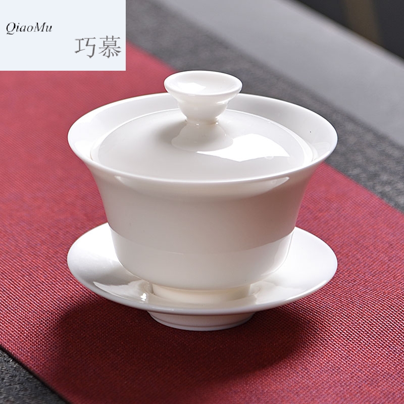 Qiao mu new dehua white porcelain tureen tea cups of household ceramics only three bowl kunfu tea tea cover cup