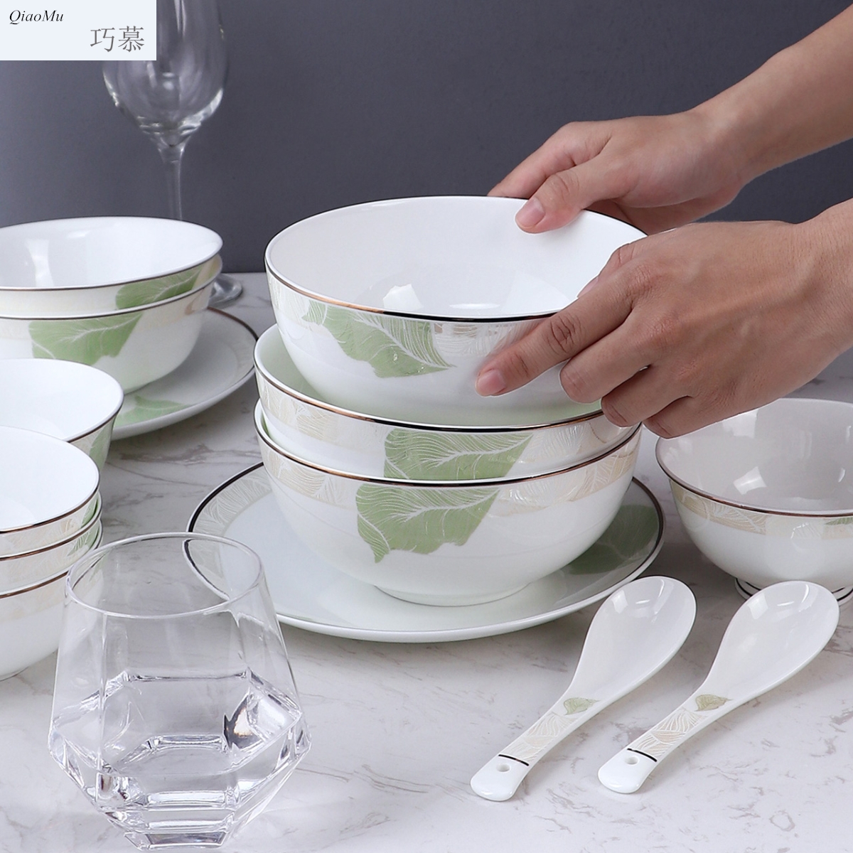 Qiao mu home eat rice bowl Chinese jingdezhen ceramic tableware large rainbow such as bowl bowl creative ceramic bowl shu leaves