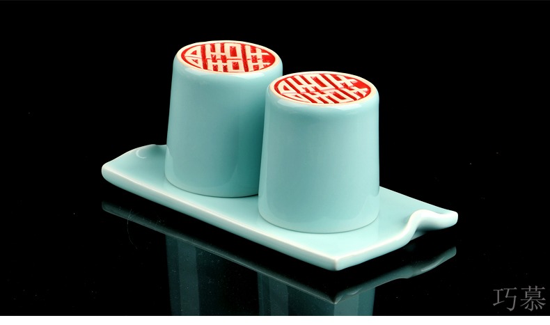 Qiao mu QYX set longquan celadon wedding gift hand - carved pedestal glass tea two cups of tea