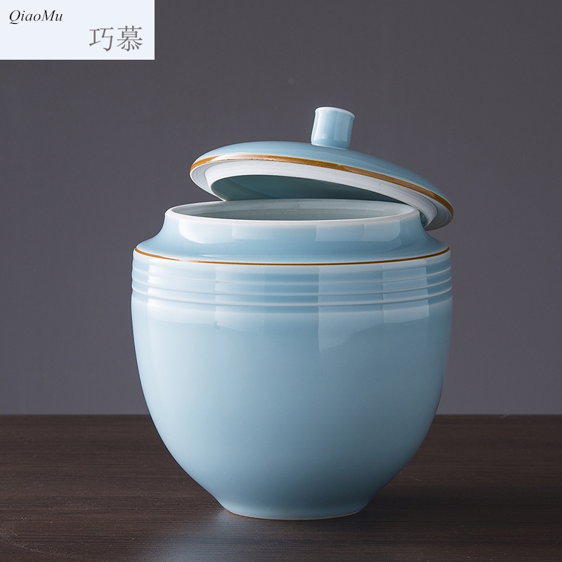 Qiao mu ceramic insect - resistant imitation of barrel ricer box with cover of jingdezhen famous master manual celadon caddy fixings storage