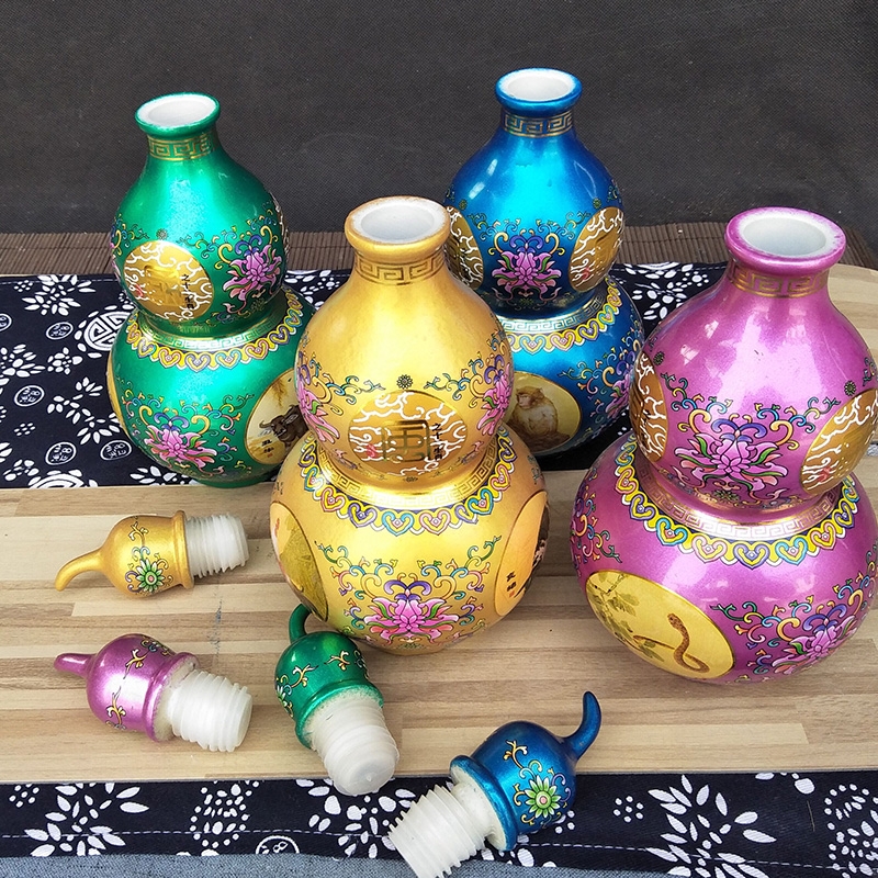 Qiao mu jingdezhen ceramic empty wine bottle gourd bottle 1 catty seal furnishing articles jar zodiac fu lu shou flower