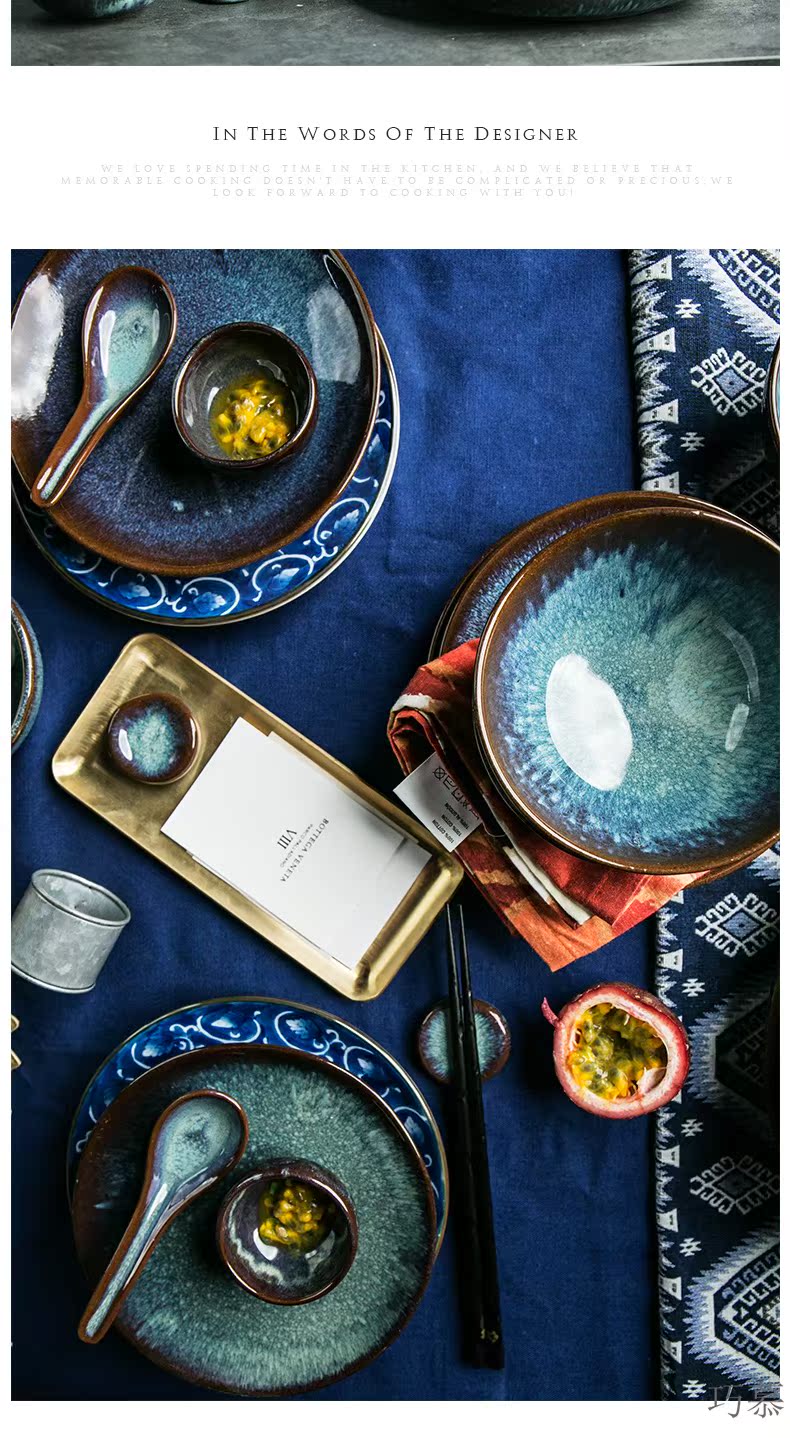 Qiao mu HD peacock pattern variable glaze series coarse pottery rice bowls flat dish plate of small spoon, chopsticks rack dessert dishes