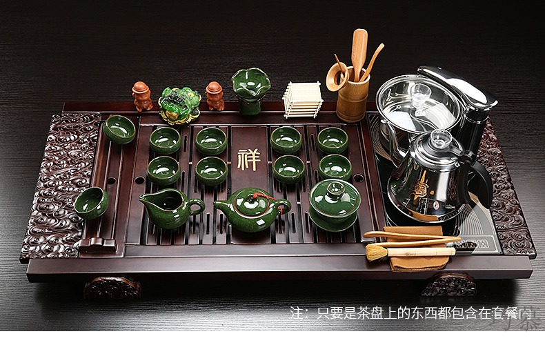 Qiao mu kung fu of a complete set of ceramic tea set domestic glass automatic induction cooker real wood sharply stone tea tray