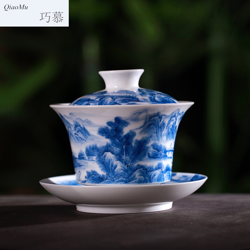 Qiao mu jingdezhen landscape hand - made hand grasp of blue and white porcelain tea tureen worship to use kung fu tea tea for a tea cup
