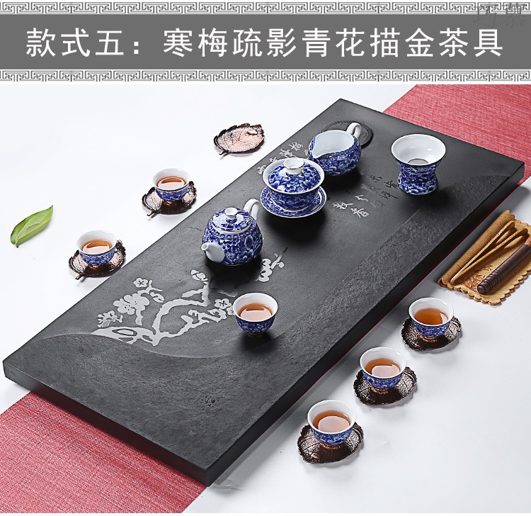 Longed for a complete set of blue and white porcelain kung fu tea set sharply opportunely stone tea tray was contracted office home tea cup high - grade group