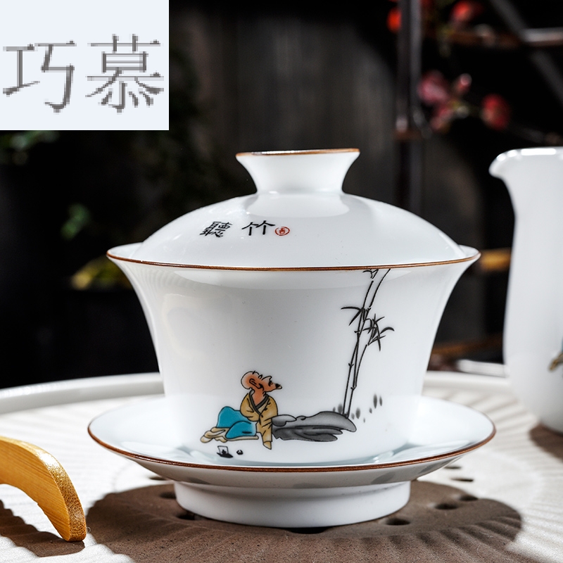 Qiao mu blue - and - white only three tureen manual sweet white household contracted ceramic cups kung fu to make tea bowl thin foetus