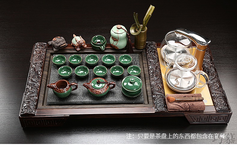 Qiao mu kung fu of a complete set of ceramic tea set domestic glass automatic induction cooker real wood sharply stone tea tray