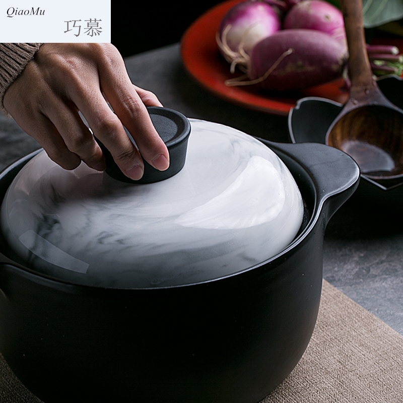 Qiao mu creative ceramic high - temperature casserole marble household stew soup pot 2.5 L ears against the congee hot pot