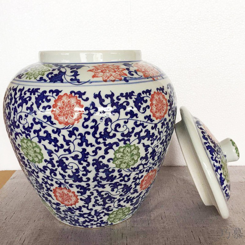 Qiao mu 15 pounds with blue and white porcelain barrel with cover rice bucket 30 jin of rice storage box household insect moisture - proof seal surface