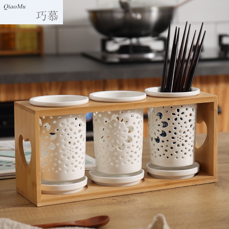 Qiao mu DHT northern wind ceramic chopsticks tube rack hollow - out of the three - cylinder chopsticks chopsticks rack drop box tableware chopsticks box