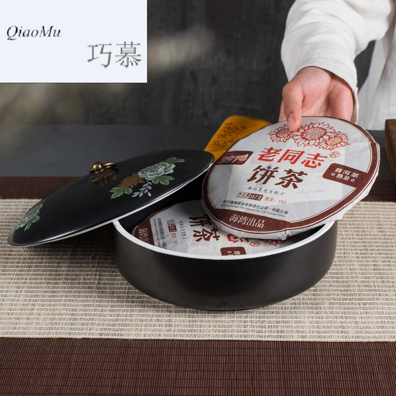 Qiao mu, black pottery tea box caddy fixings large - sized ceramic tea cake box wake jar with cover tea wash to wash to CPU