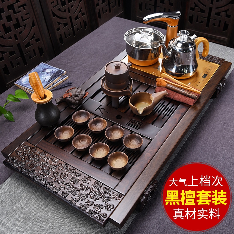 Qiao mu ebony wood tea tray tea set a complete set of automatic electric ceramic purple sand cup kung fu tea stove