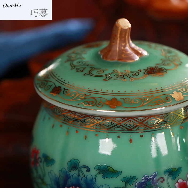 Qiao mu gold coloured drawing or pattern longquan celadon teacup ceramic cup with cover pumpkin creative office cup with cover cups